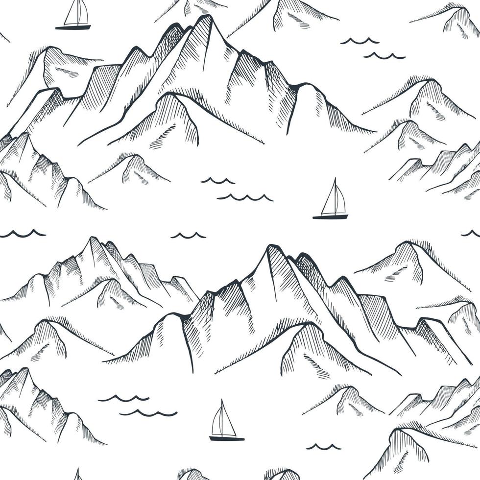 Seamless pattern with mountain, sea and sailing ships. Vector