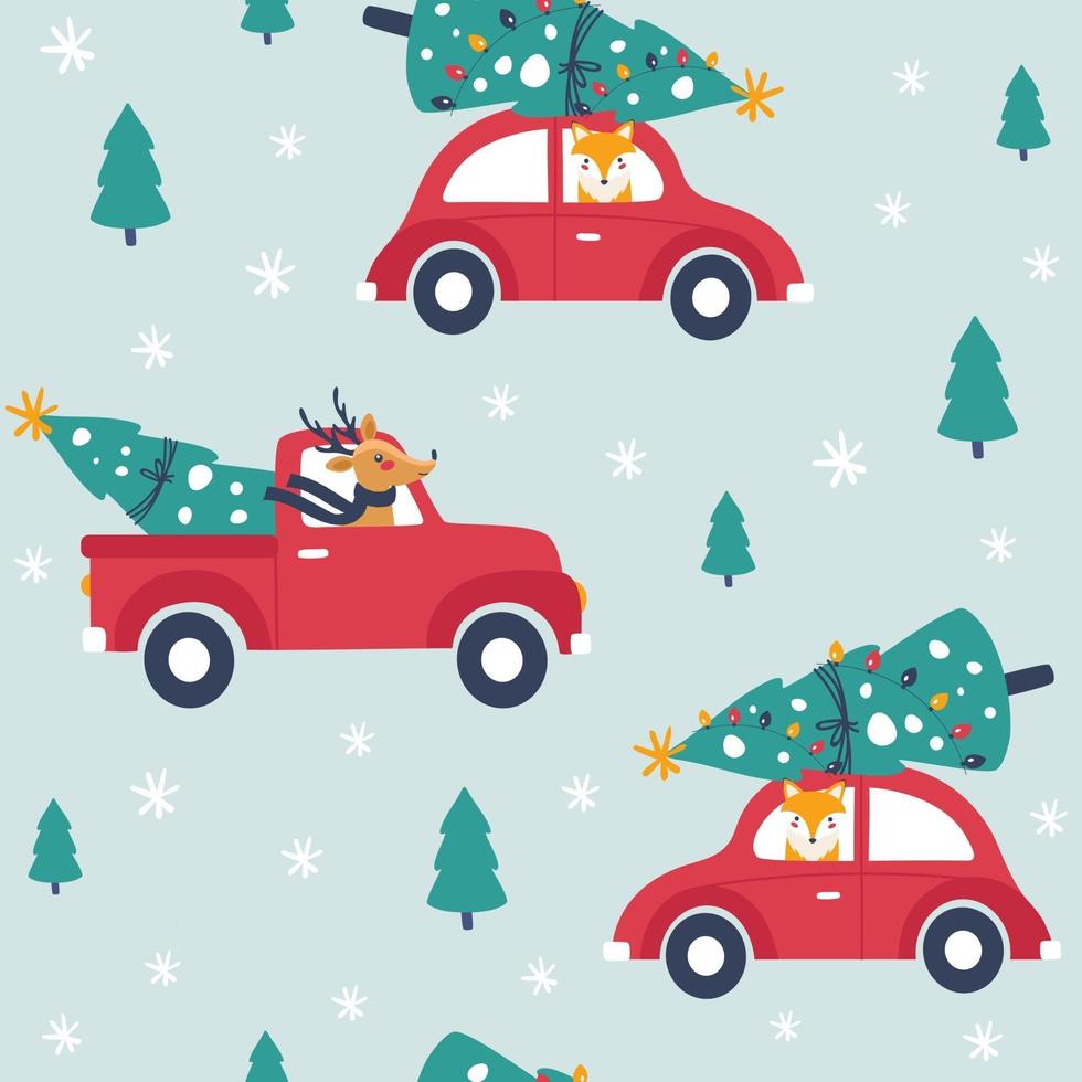 invierno de patrones sin fisuras con coche rojo y árbol de Navidad. vecto vector