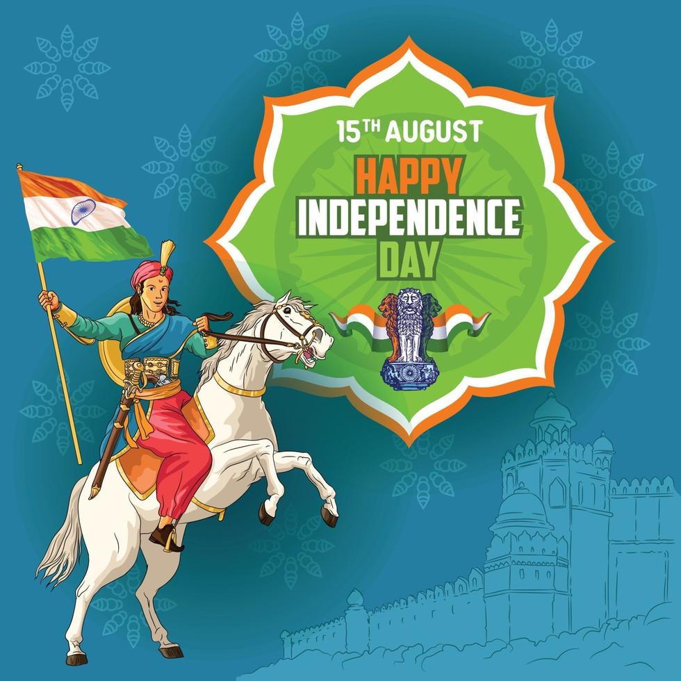 deseos del día de la independencia con la reina india a caballo sosteniendo la bandera vector