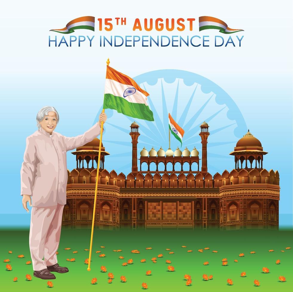 saludos del día de la independencia de la india con un maestro frente al fuerte rojo vector