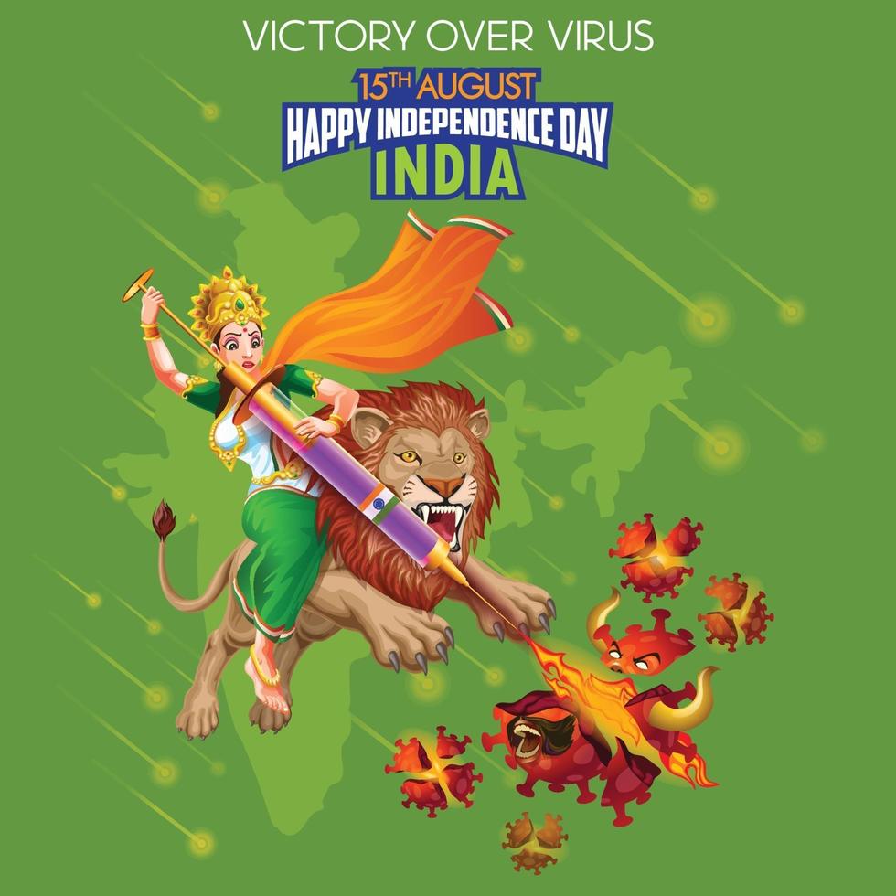 saludos del día de la independencia como india virus destruido con vacuna vector