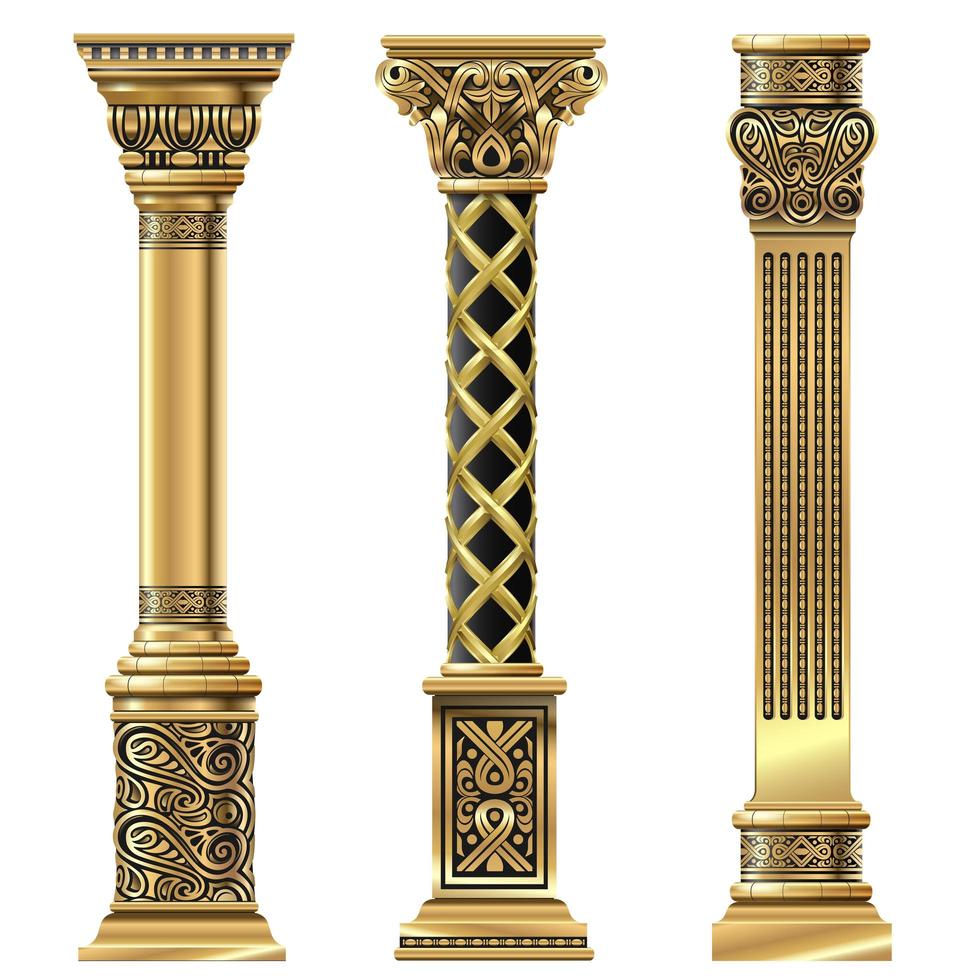 Conjunto de columnas decorativas doradas en estilo oriental. vector