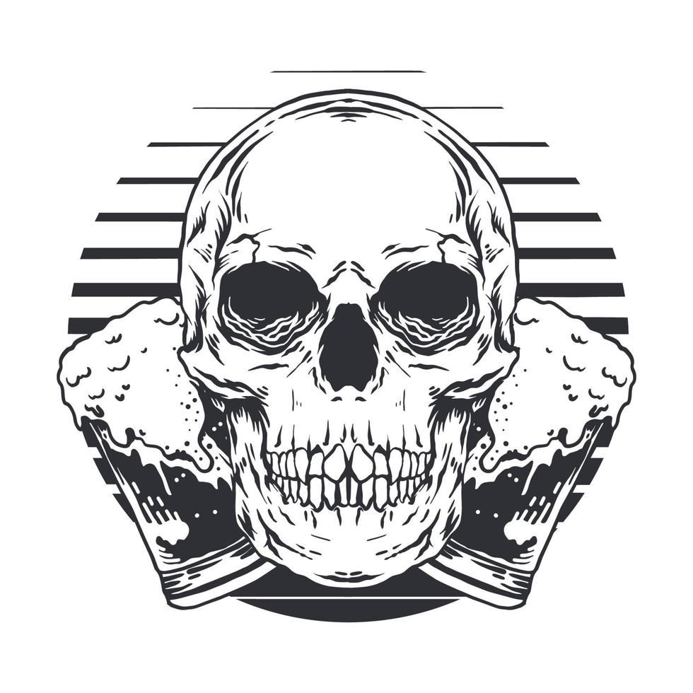 Human Skull with 2 glass beer vector