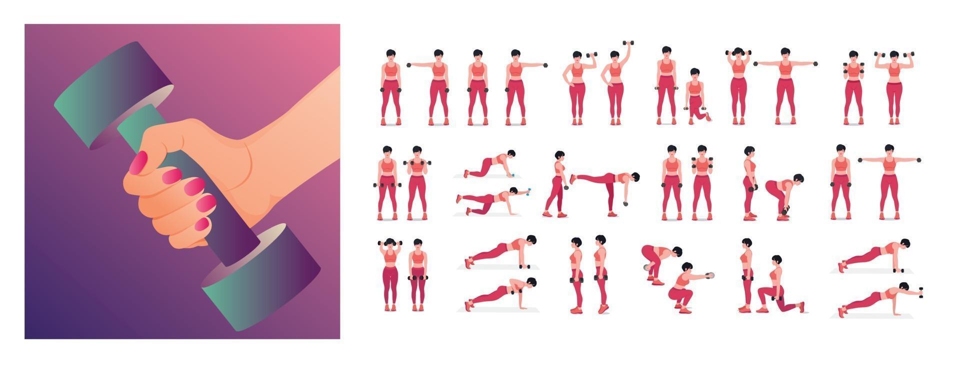 conjunto de ejercicios con mancuernas. mujeres haciendo ejercicios de fitness y yoga. vector