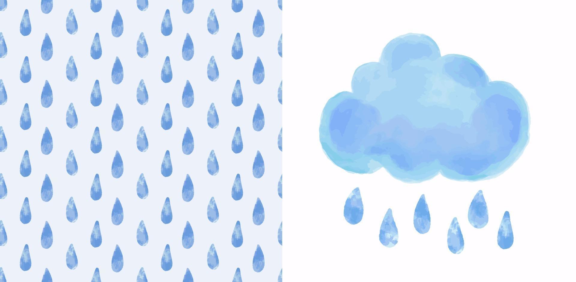 Set - vector blue watercolor cloud and seamless pattern with raindrops