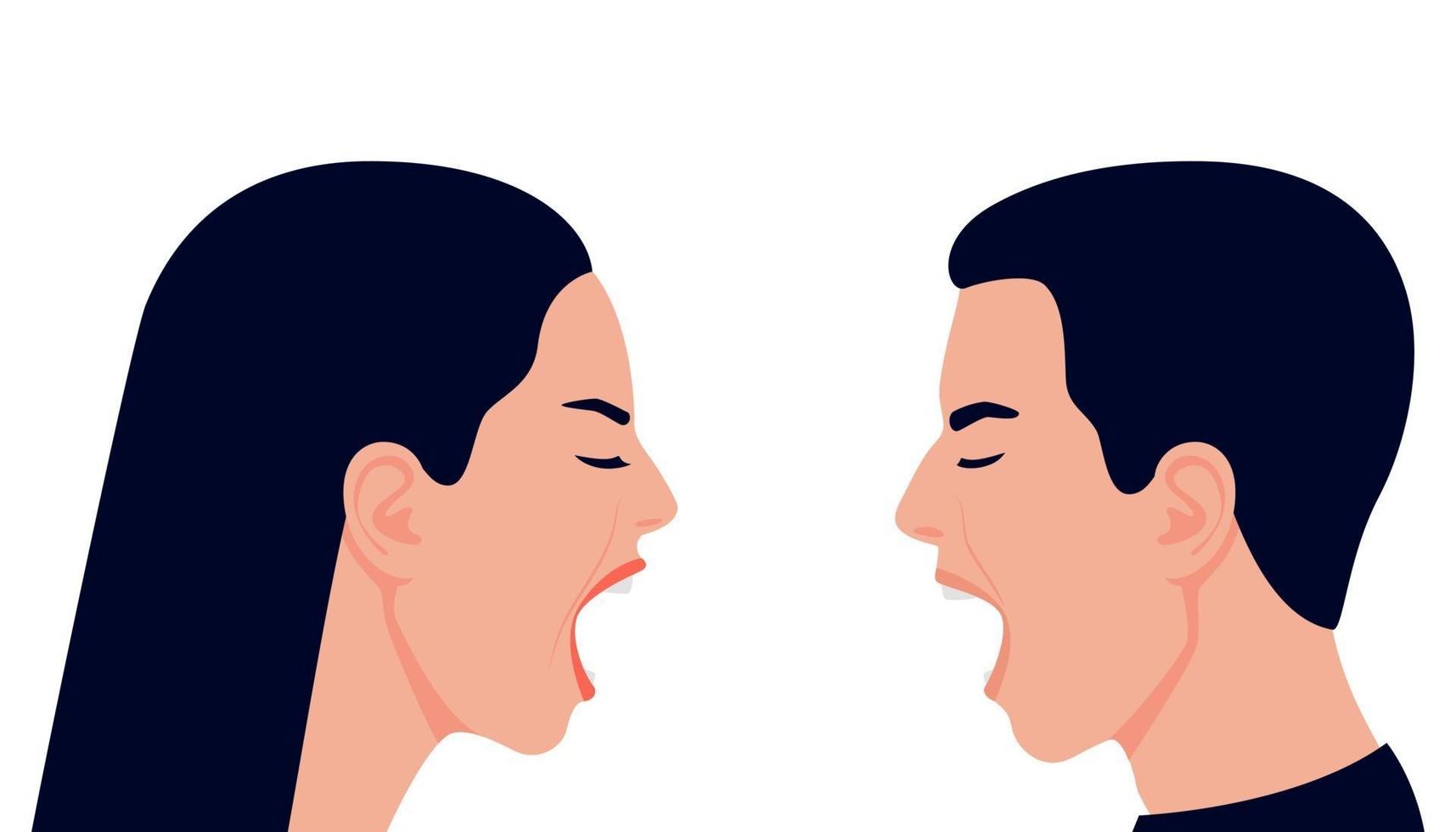 Conflict with scream, quarrel family couple man and woman.Face profile vector