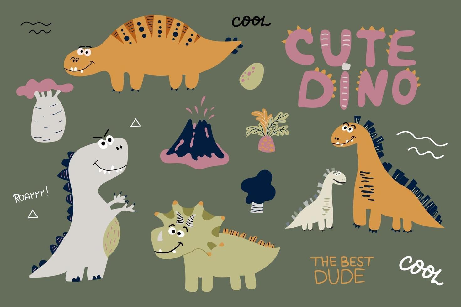 lindos dinosaurios dibujados a mano estilo escandinavo vector