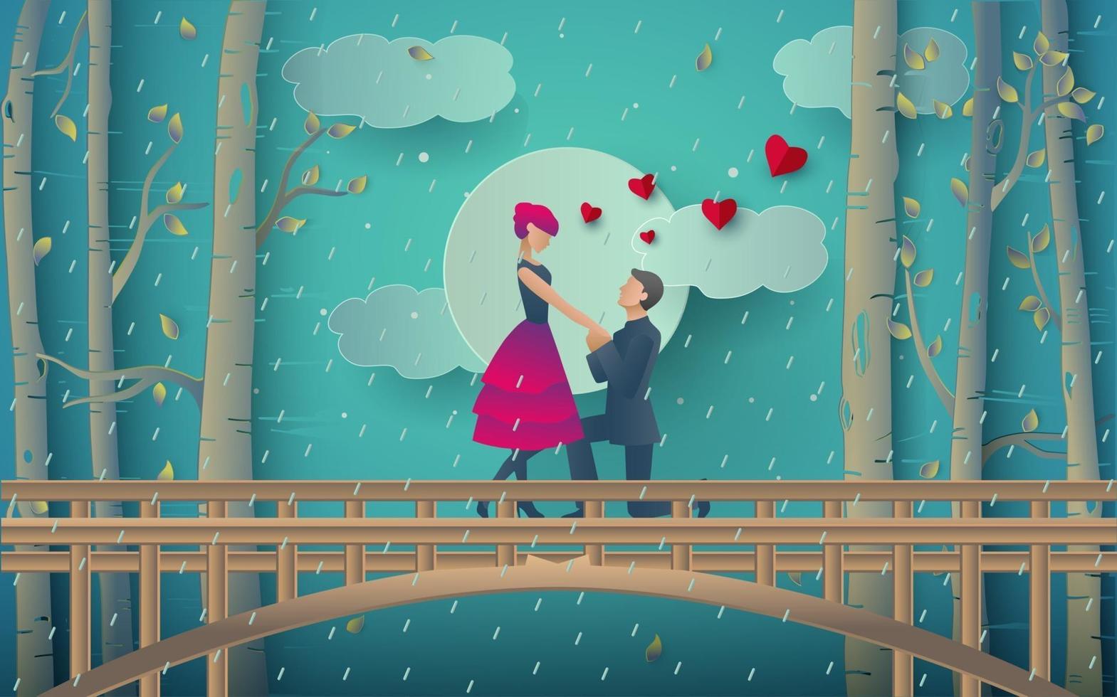 Ilustración de pareja romántica en el bosque lluvioso vector