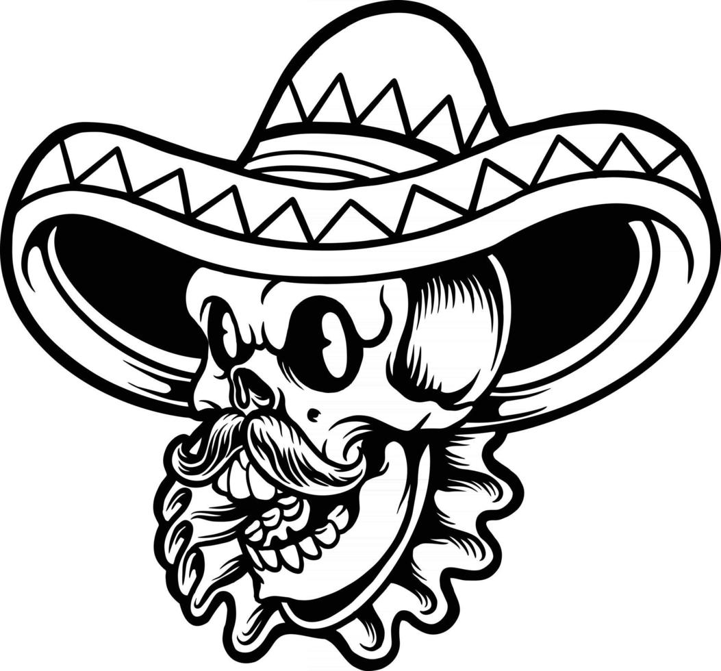 Cinco de mayo cabeza de calavera con silueta de sombrero vector