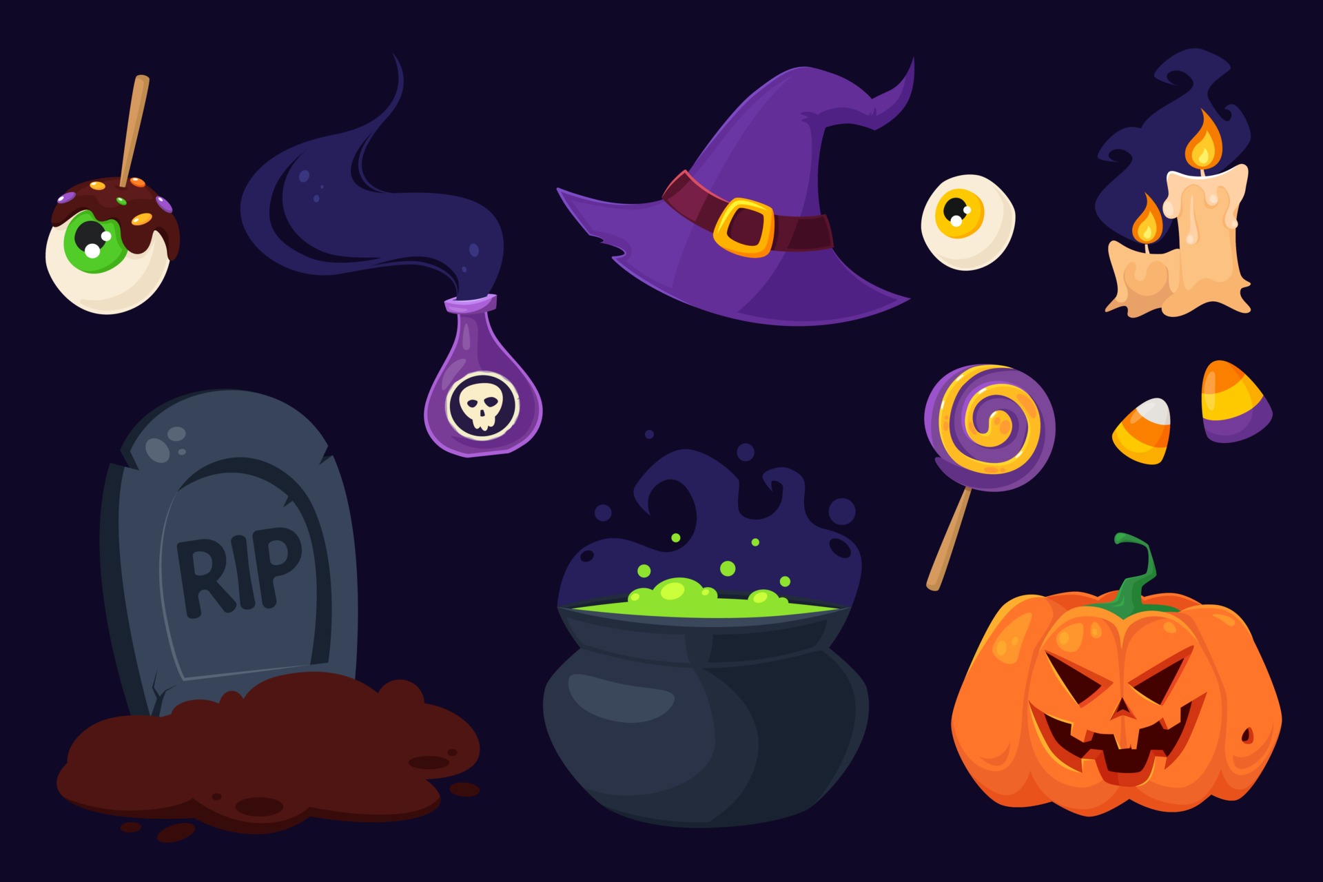 Happy Halloween symbols pot, witch hat, potion, candles, grave 3079176 ...