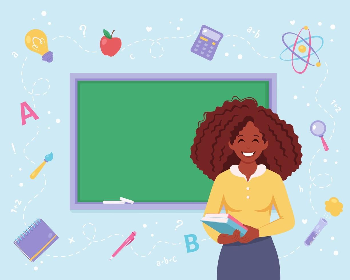 Happy teacher's day. African american female teacher in classroom. vector