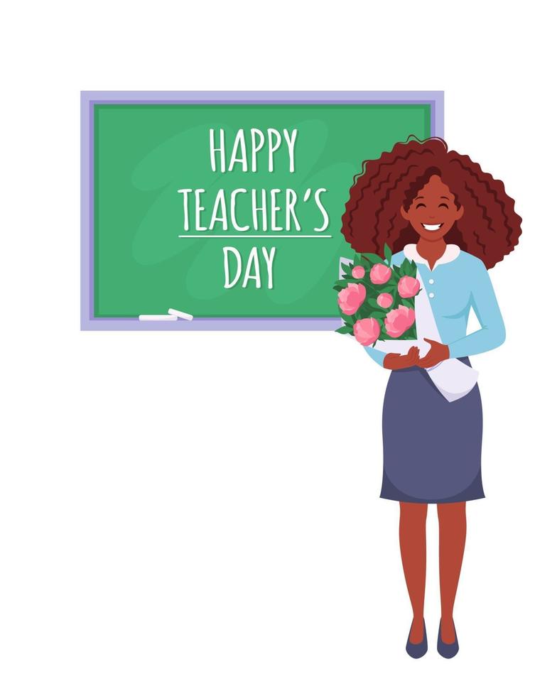 Happy teacher's day. African american female teacher in classroom. vector