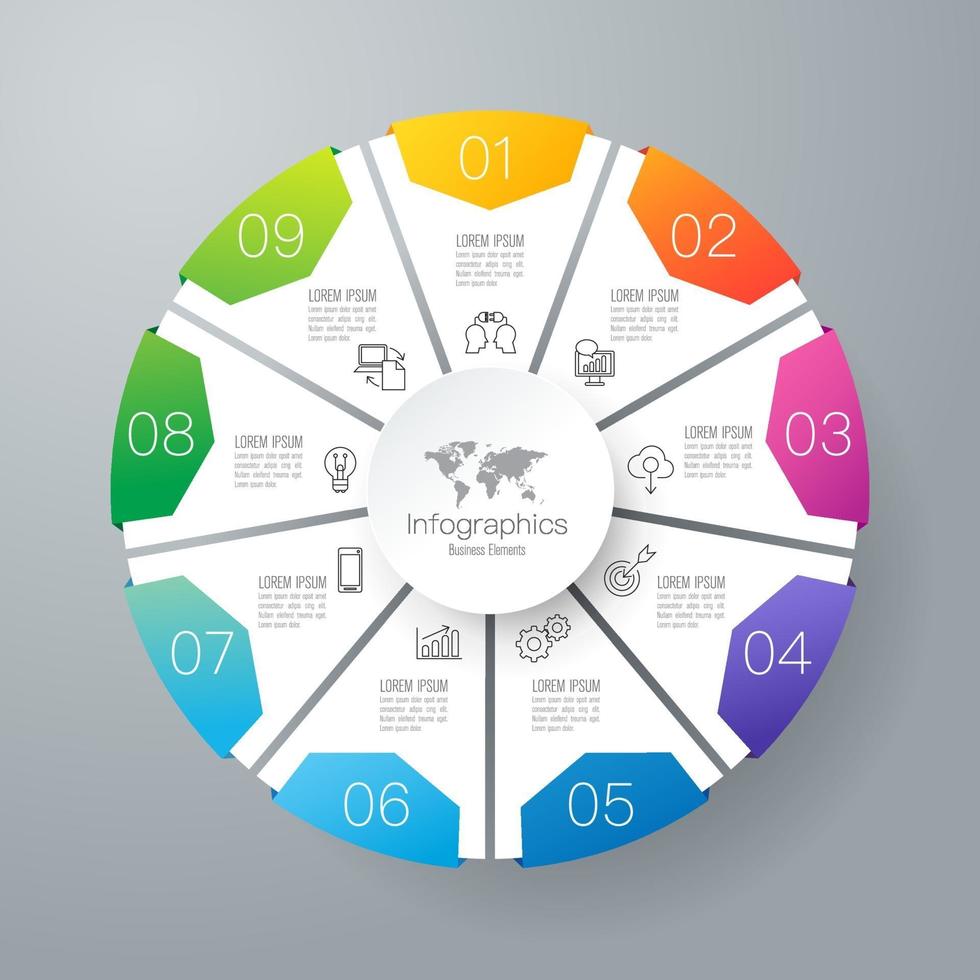 Infografías e iconos de arte en papel con 9 pasos. vector