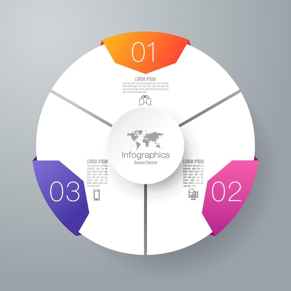 Infografías e iconos de arte en papel con 3 pasos. vector