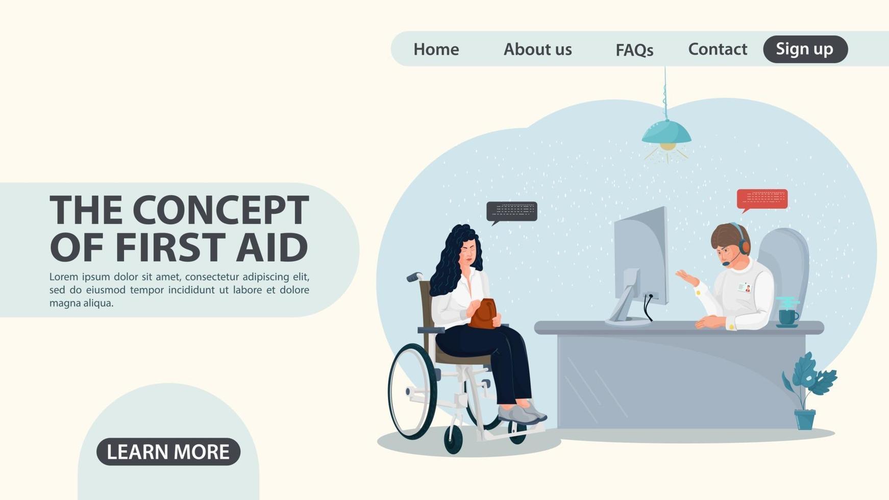 A girl in a wheelchair turns to the emergency room web page design vector