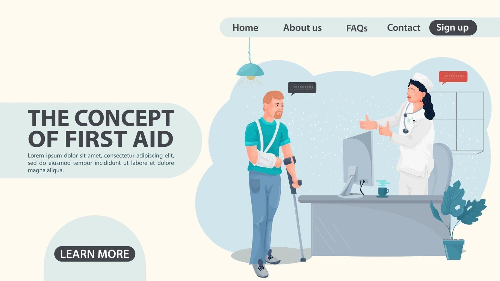 A man with a hand injury came to a doctors appointment a web page vector