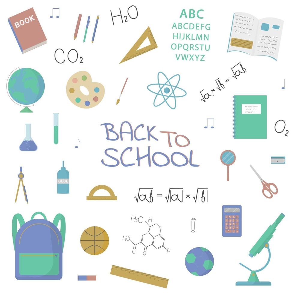 School objects and subjects collection. Isolated vector items.