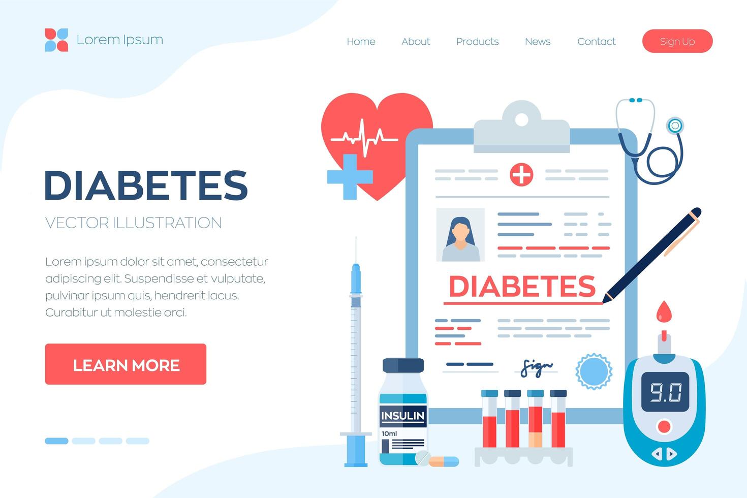 Medical diagnosis - Diabetes. Diabetes mellitus type 2 and insulin. vector