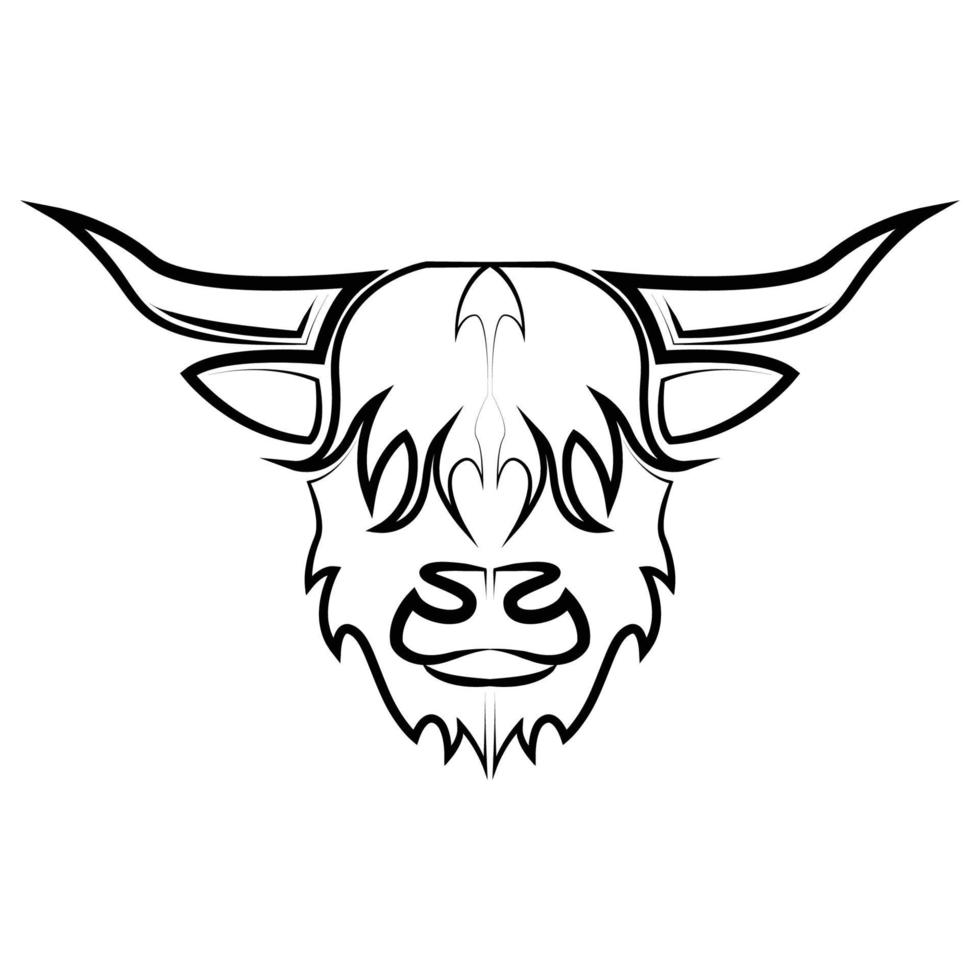 Black and white line art of Highland Cow head. vector