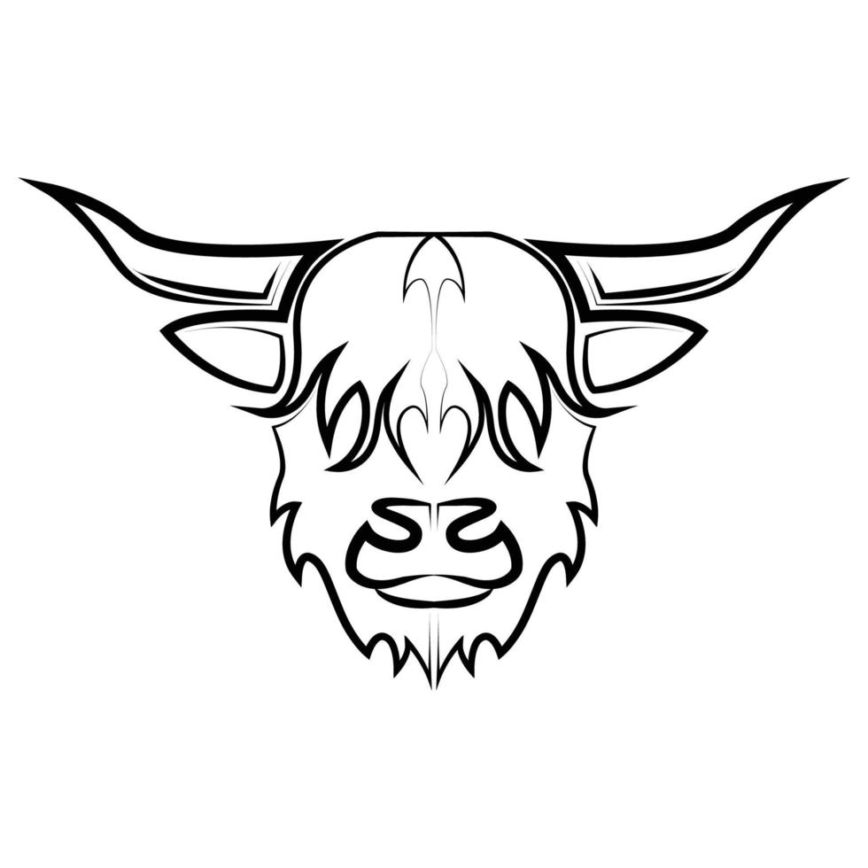 Black and white line art of Highland Cow head. vector