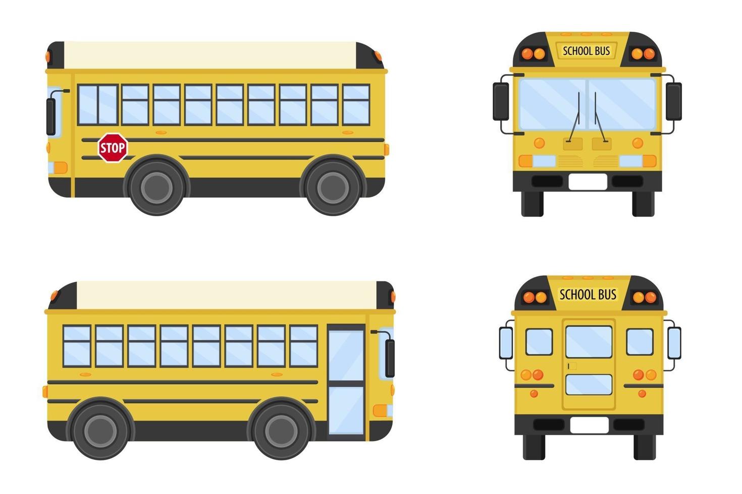 School bus front view, back view and two side views. vector