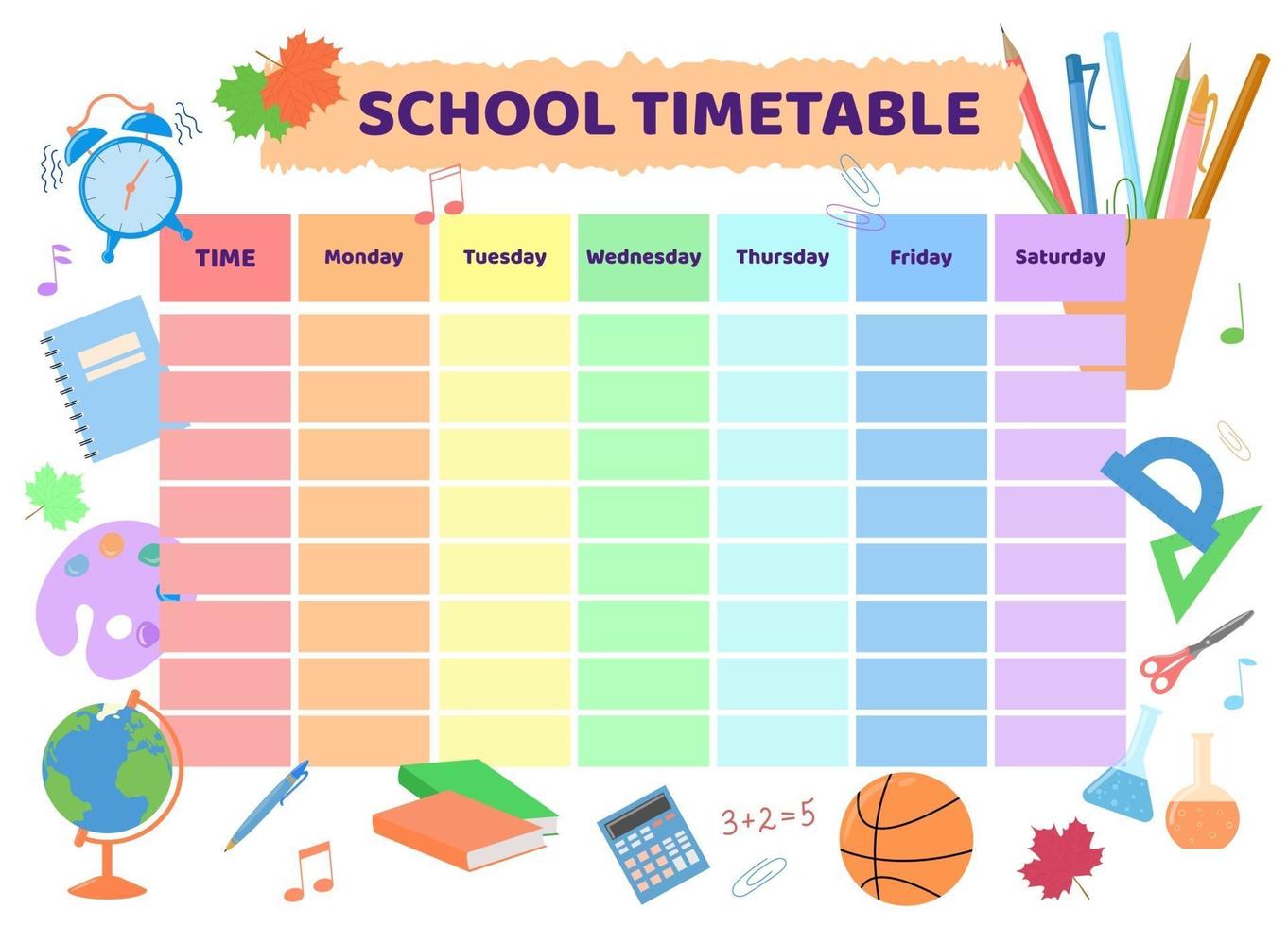 horario escolar. diseño de niño arcoiris de planificador vector