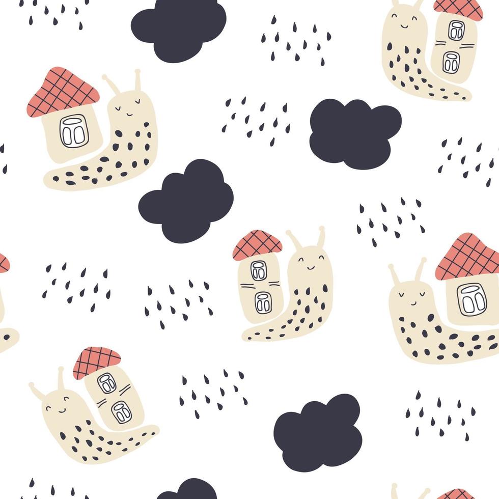 Hand drawn vector seamless pattern of snails and rainy clouds