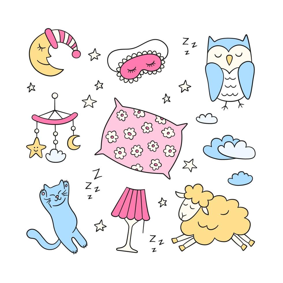 Sleep set in doodle style. Good night symbols vector