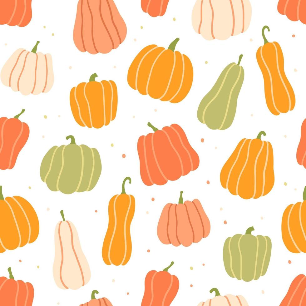 Pumpkin color dynamic seamless pattern. Pumpkins of different shapes vector