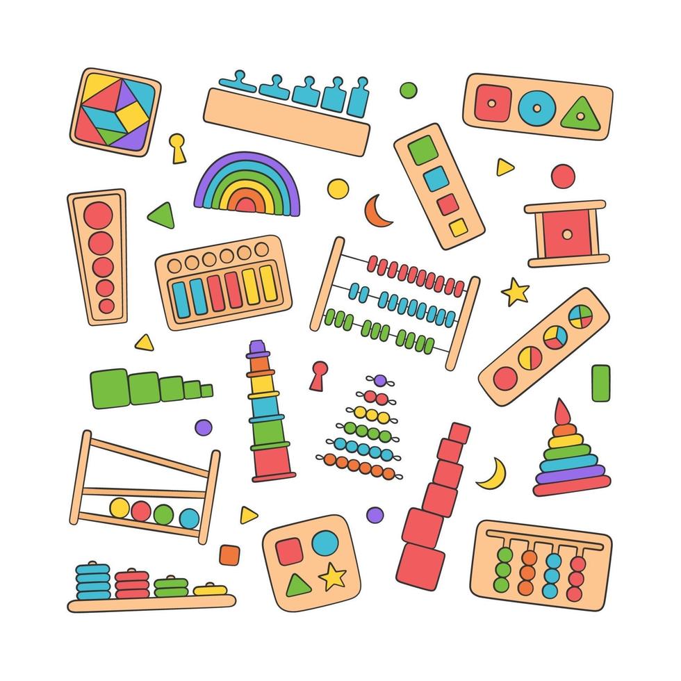 juguetes infantiles dibujados a mano para juegos montessori. vector