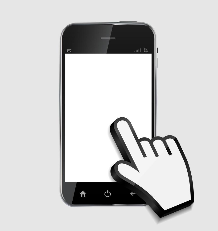 Realistic mobile phone with blank screen and hand cursor isolated vector