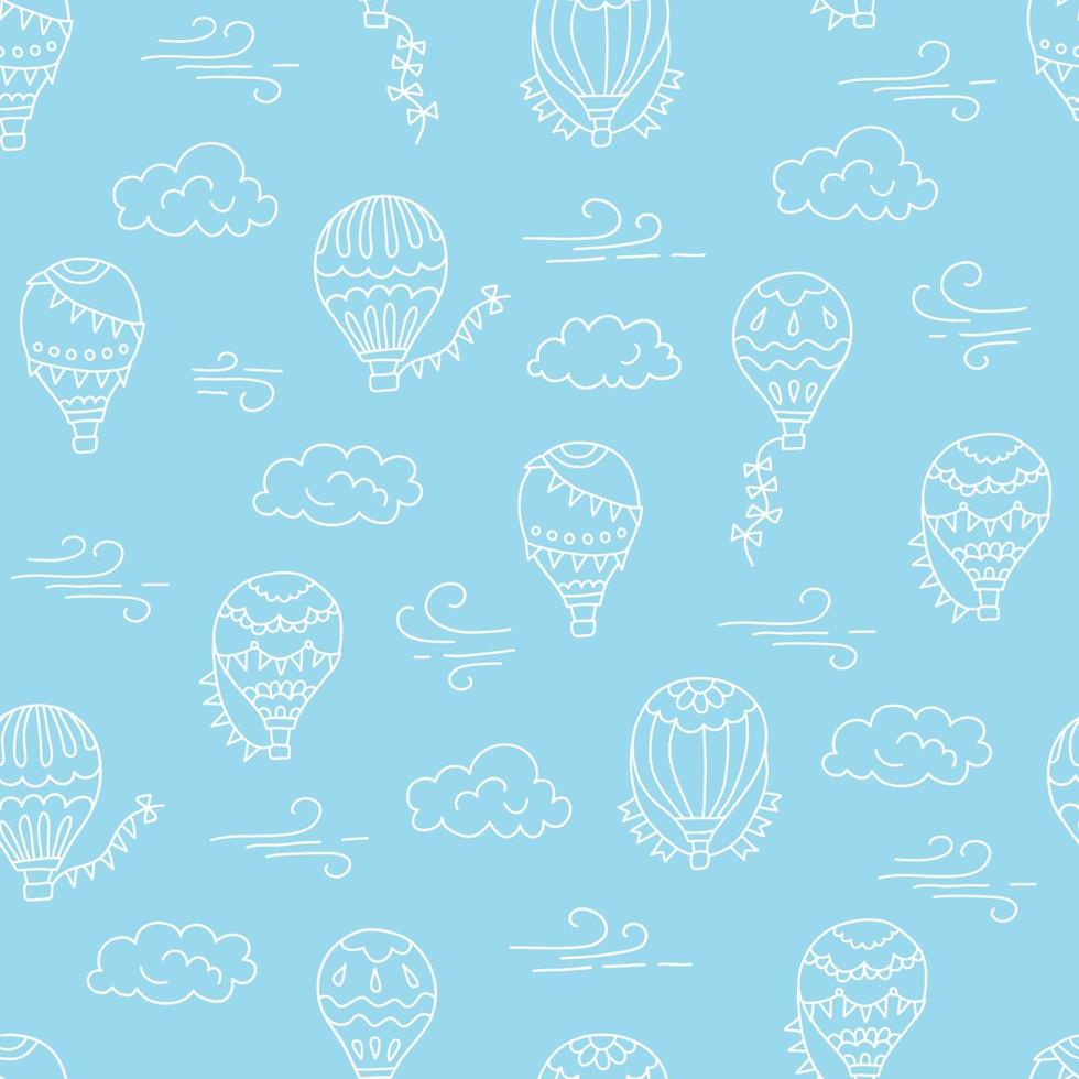 Hot air balloons and clouds. Color hand drawn seamless pattern. vector