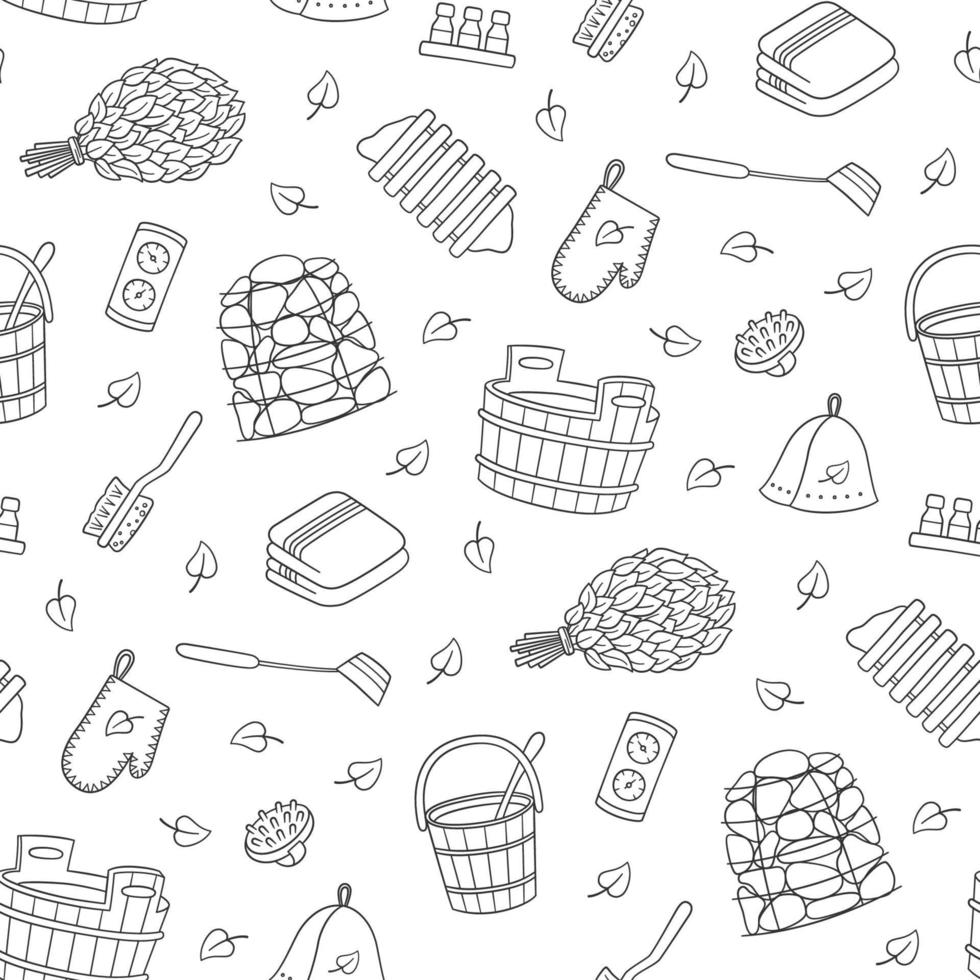 Sauna and Bathhouse accessories. Hand drawn seamless pattern. vector