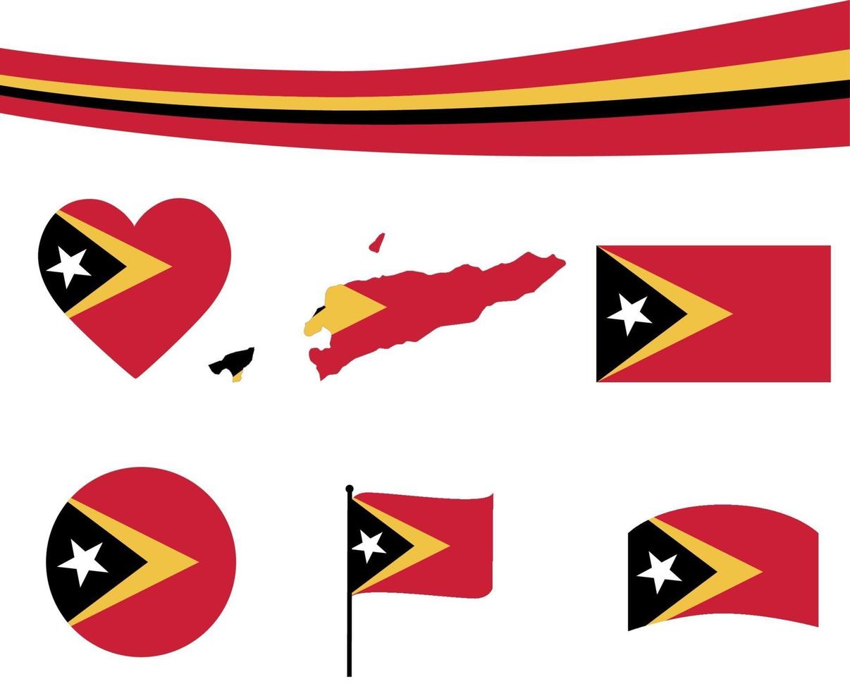 East Timor Flag Map Ribbon And Heart Icons Vector Abstract