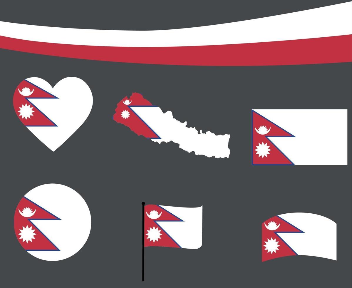 Nepal Flag Map Ribbon And Heart Icons Vector Abstract