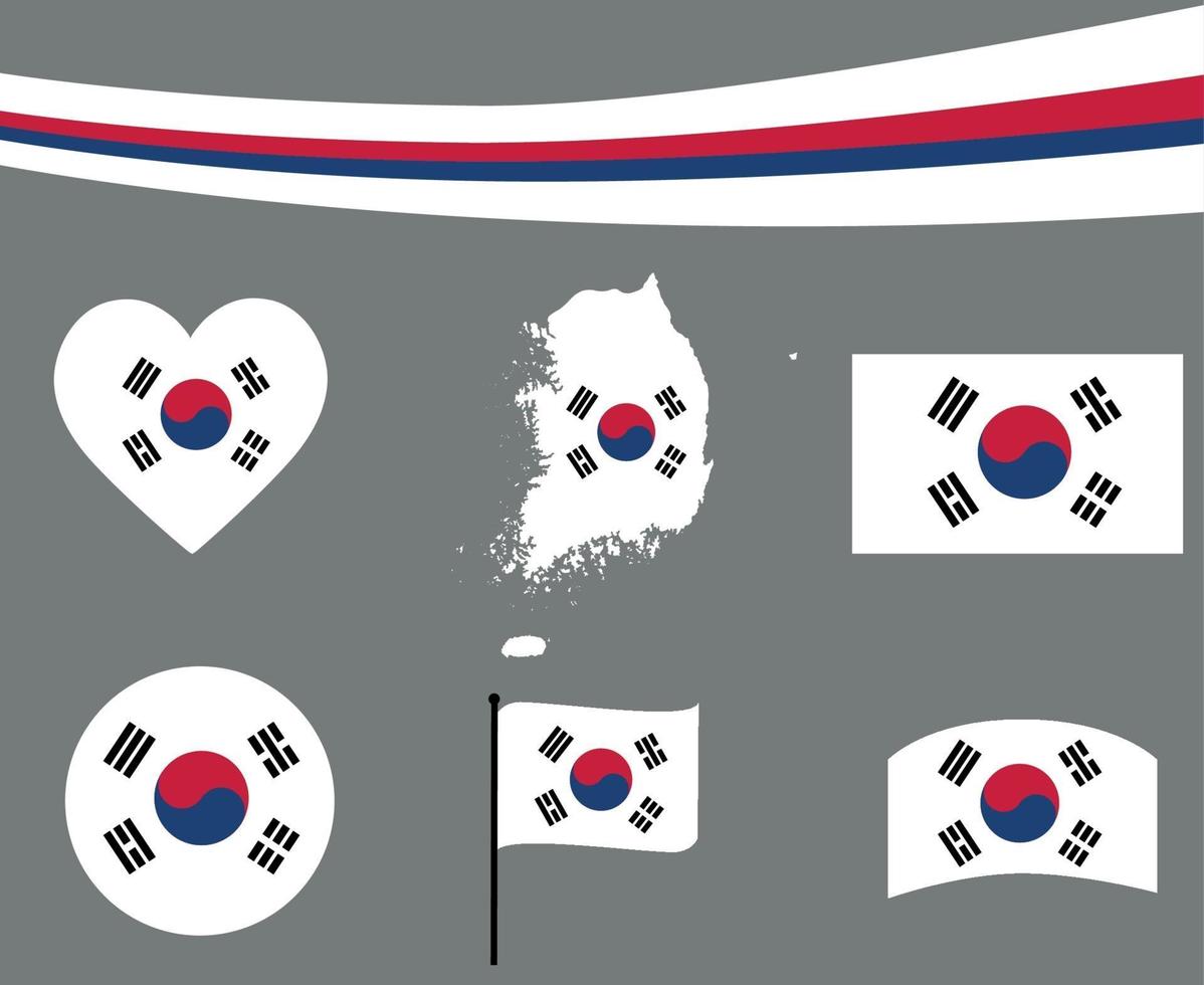 corea del sur, bandera, mapa, cinta, y, corazón, iconos, vector, extracto vector