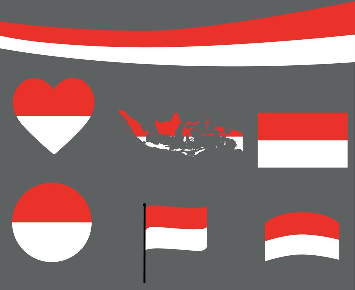 Indonesia Flag Map Ribbon And Heart Icons Vector Abstract