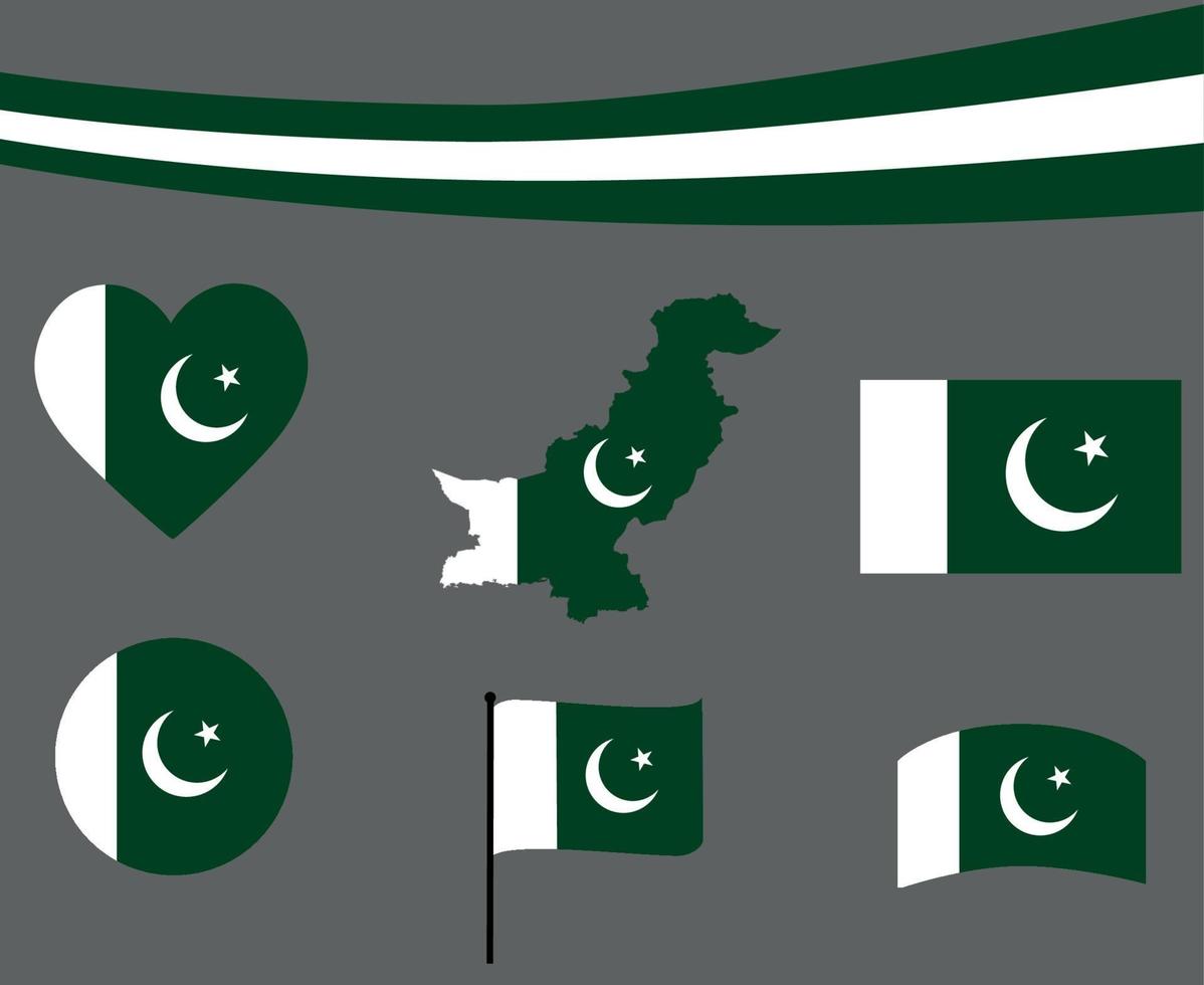 bandera de pakistán, mapa, cinta, y, corazón, iconos, vector, extracto vector