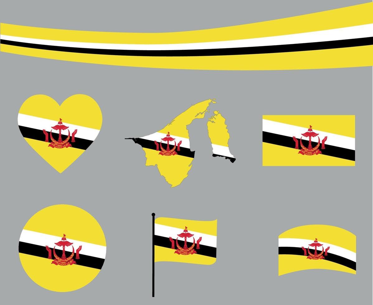 Brunei Flag Map Ribbon And Heart Icons Vector Abstract