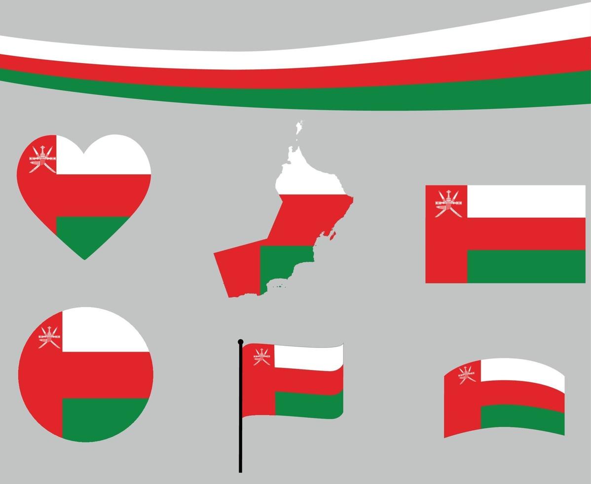Oman Flag Map Ribbon And Heart Icons Vector Abstract