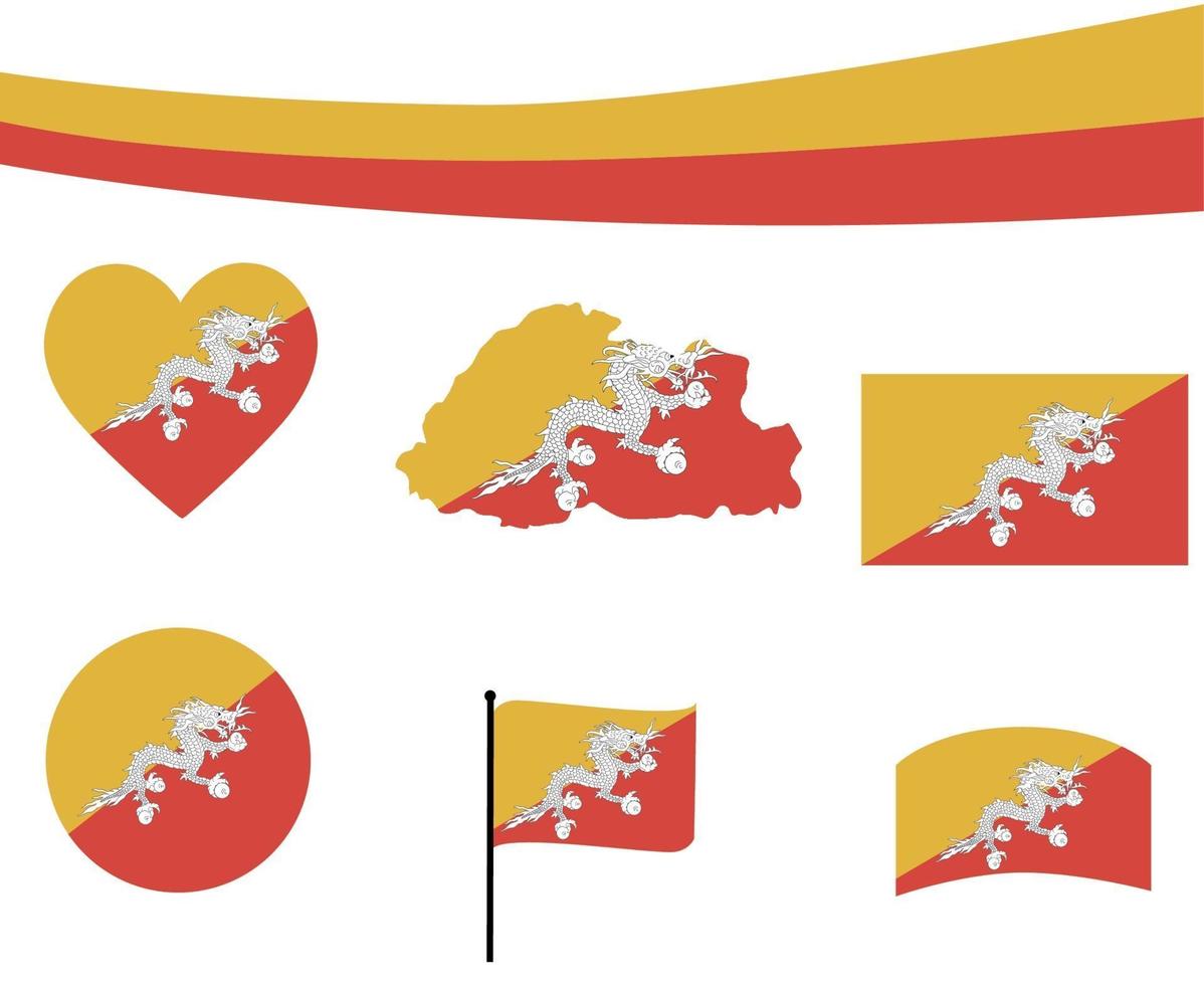 Bhutan Flag Map Ribbon And Heart Icons Vector Abstract