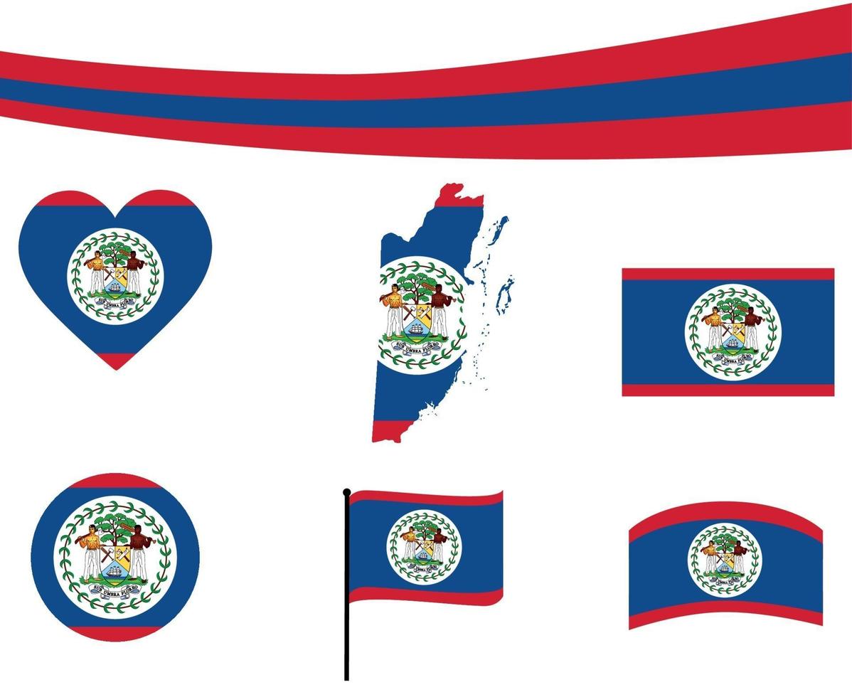 Belize Flag Map Ribbon And Heart Icons Vector Abstract