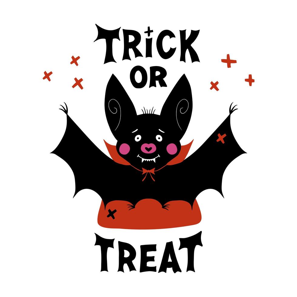 Cute vampire bat with fangs and red cloak and Trick or treat lettering vector