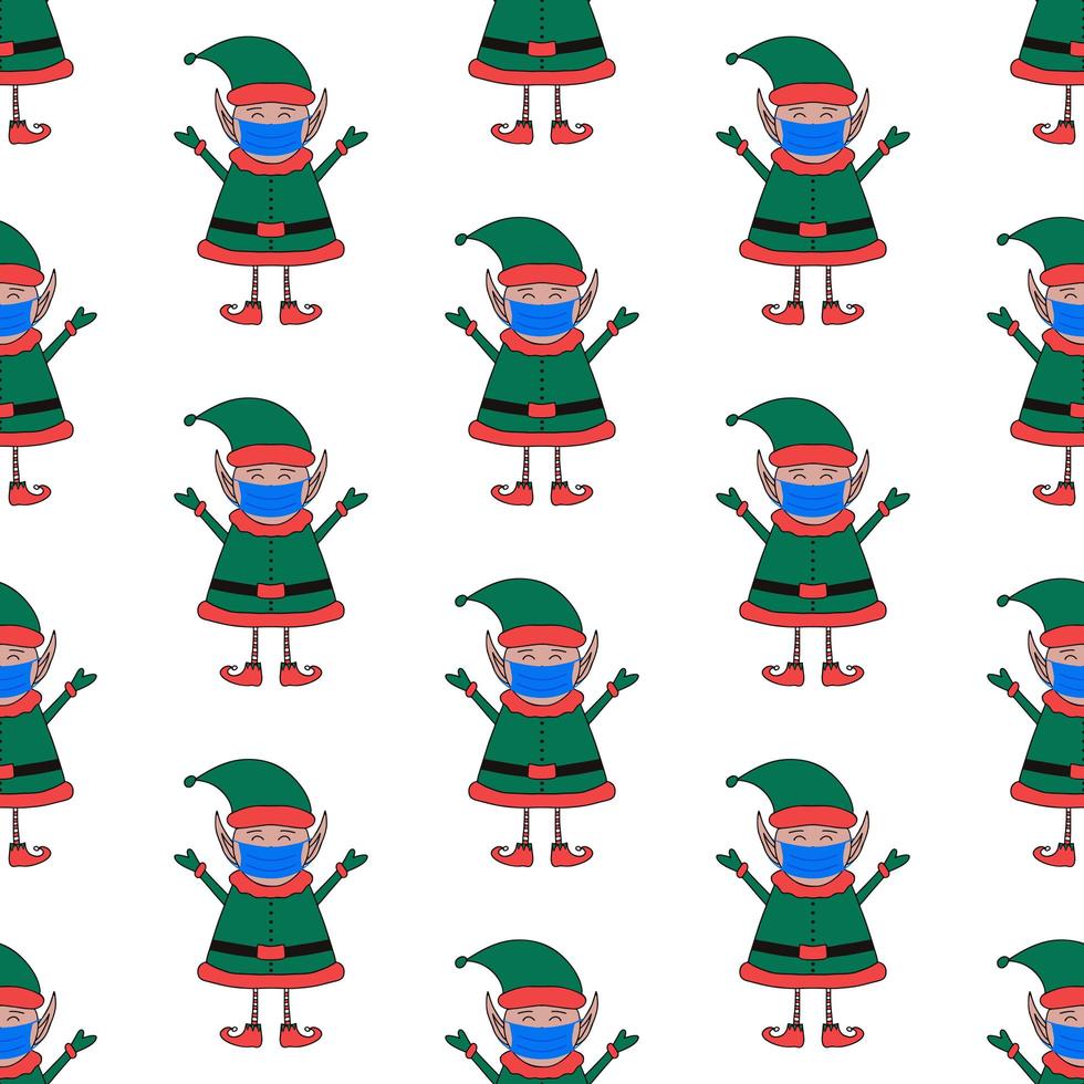 Christmas seamless pattern made from Elf character in medical mask. vector