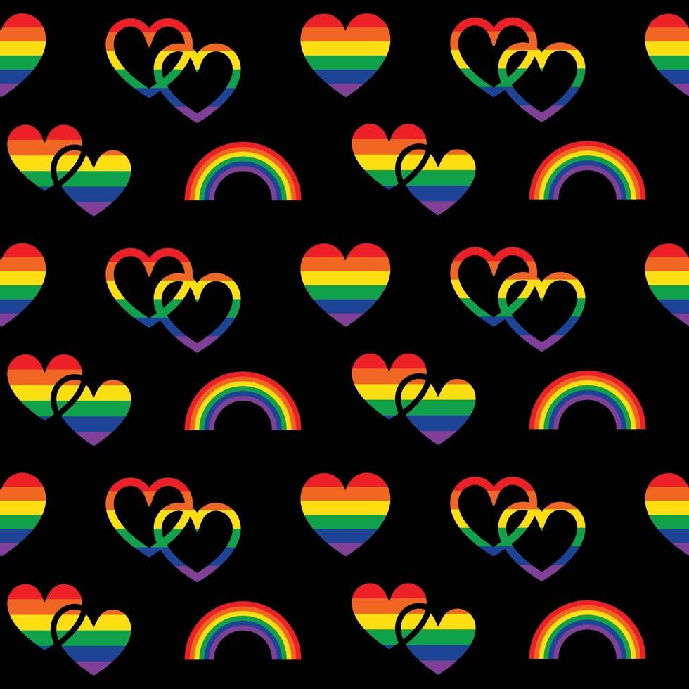 rainbow pride seamless pattern with hearts and rainbows on black vector