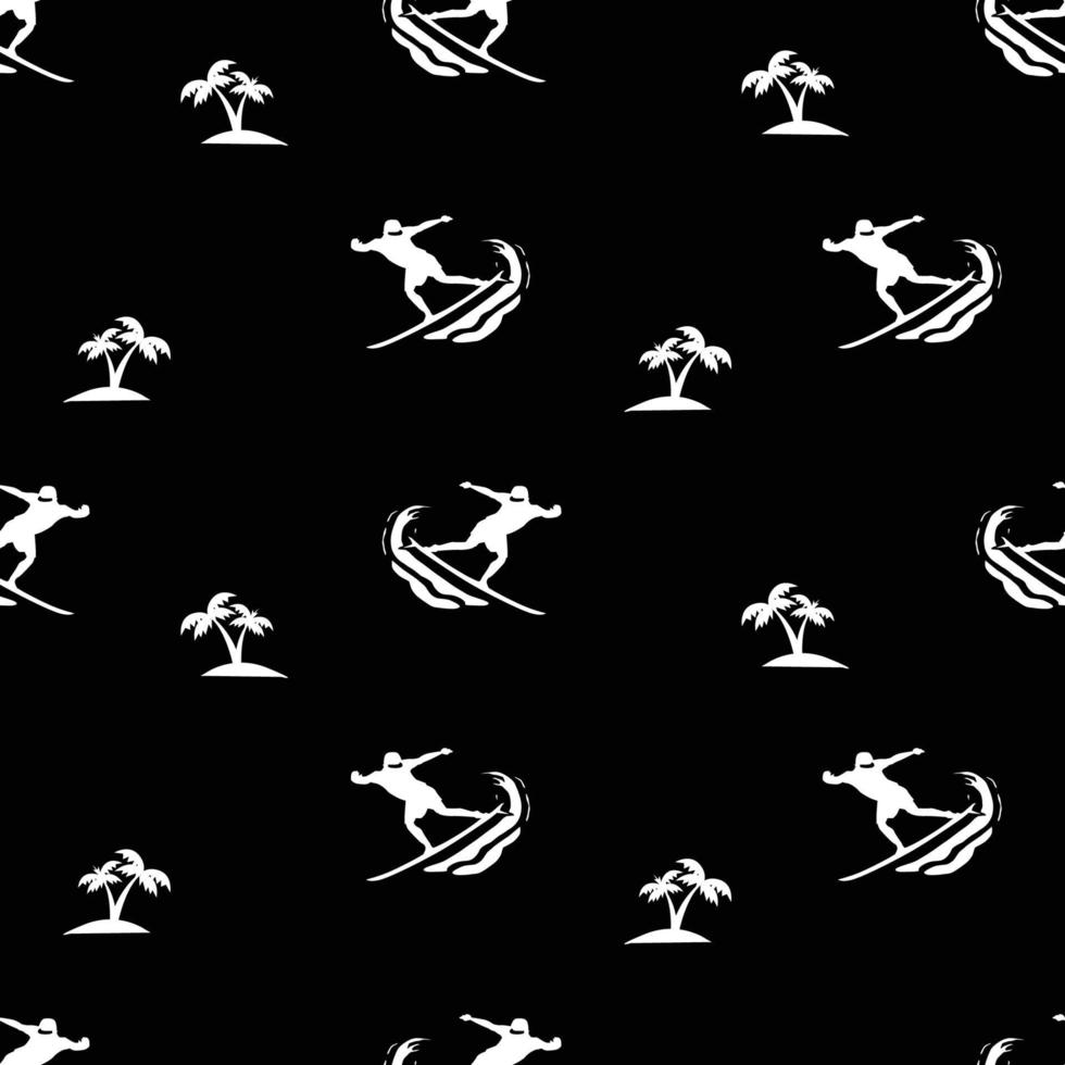 surfer and coconut leaf seamless pattern black and white background vector