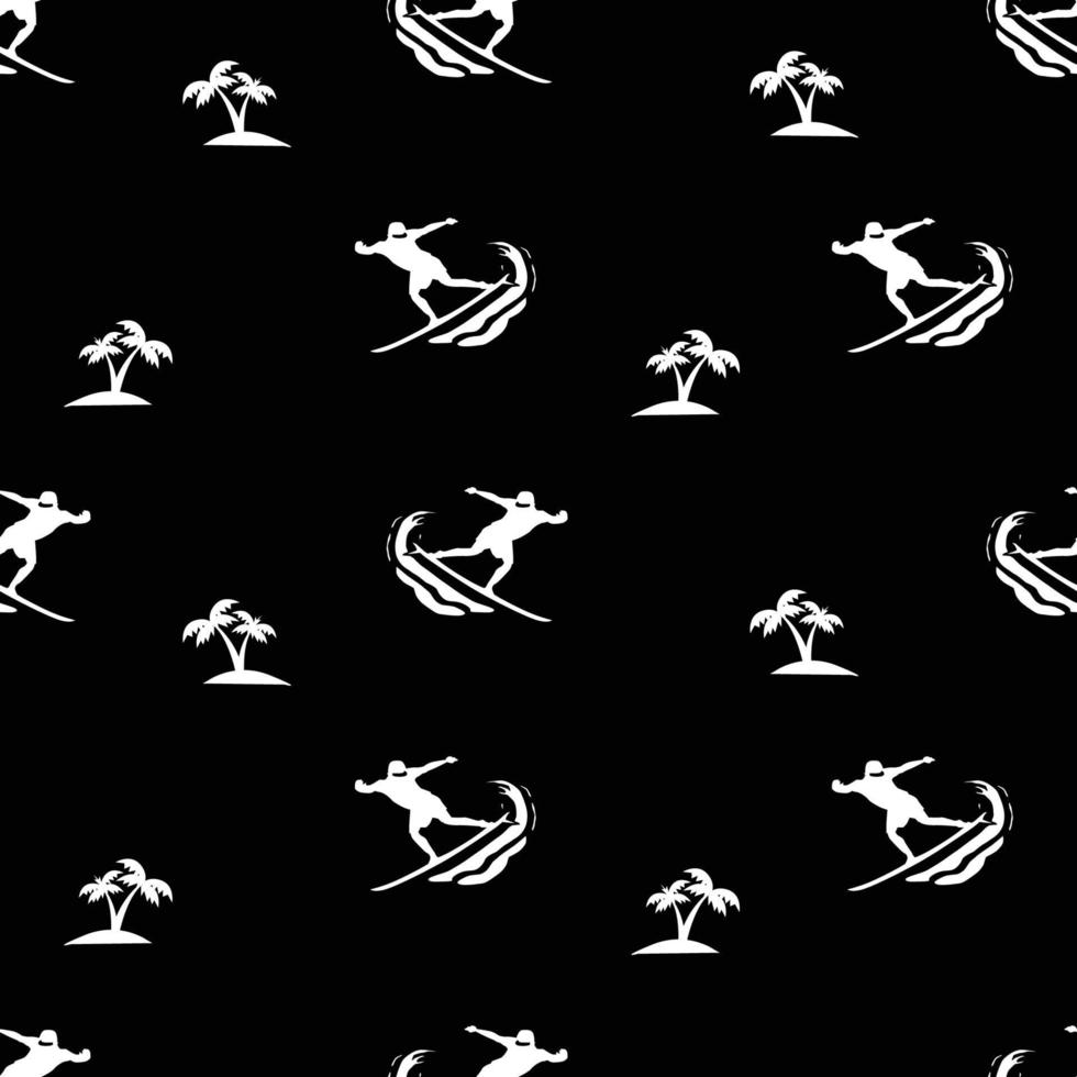 surfer and coconut leaf seamless pattern black and white background vector