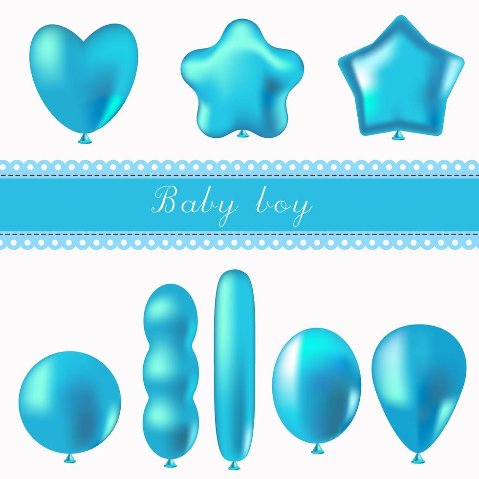 Set of balloons of different shapes in blue. Baby boy. Baby born. vector