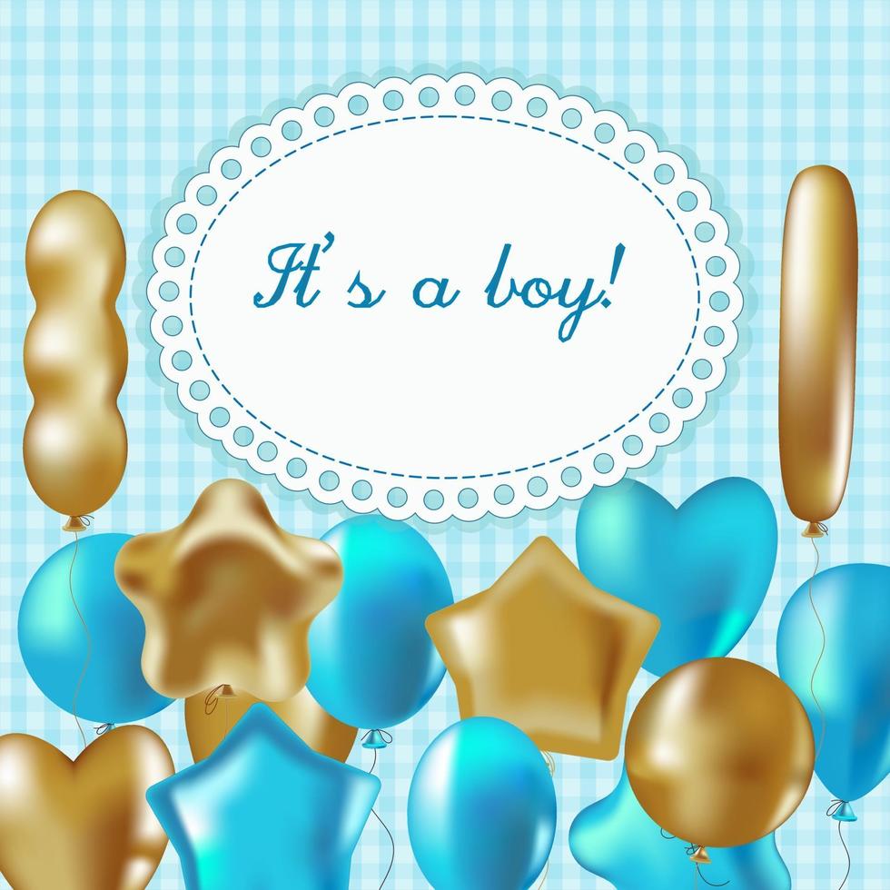 Frame for newborn baby boy in blue colors with balloons. vector