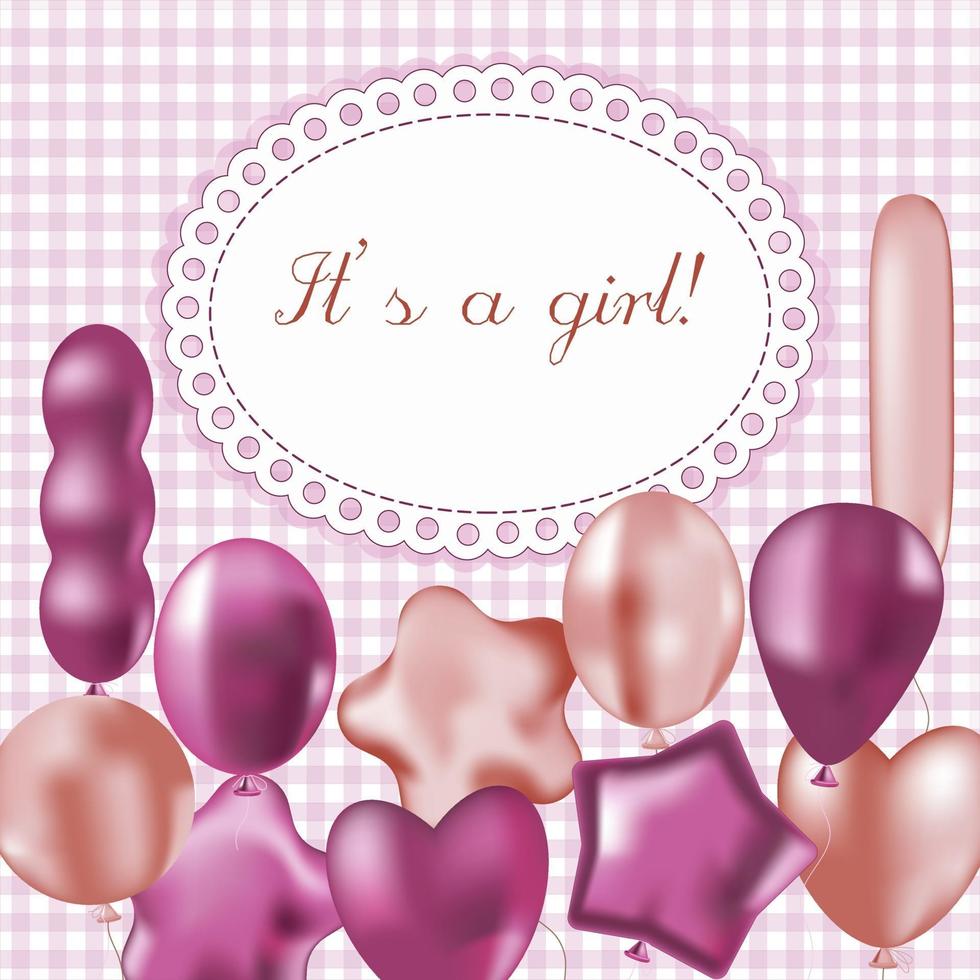 Frame for newborn baby girl in pink colors with balloons. vector